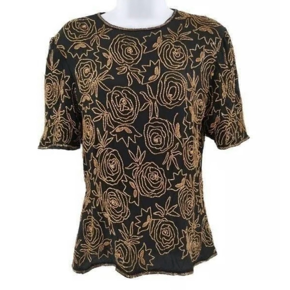 Vintage Stenay Sequin Beaded Blouse Top 90’s Cocktail Party Blk/Gold Size L